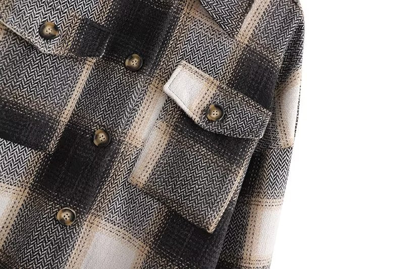 Fall Women Clothing Fashionable Pocket Shirt Plaid Coat