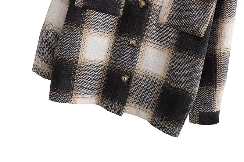 Fall Women Clothing Fashionable Pocket Shirt Plaid Coat