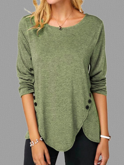 Spring Summer Irregular Asymmetric Button Hem Long Sleeve round Neck T shirt