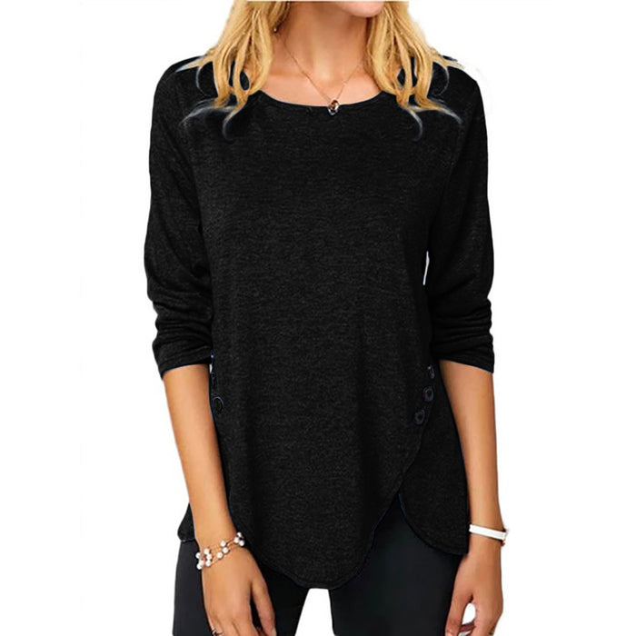 Spring Summer Irregular Asymmetric Button Hem Long Sleeve round Neck T shirt