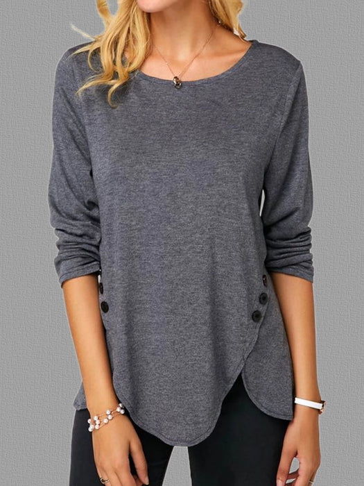 Spring Summer Irregular Asymmetric Button Hem Long Sleeve round Neck T shirt