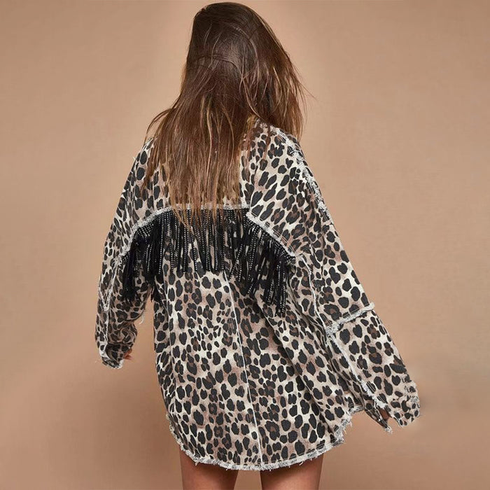 Popular Leopard Print Denim Jacket Fall Winter Trend Washed Distressed Tassel Denim Jacket