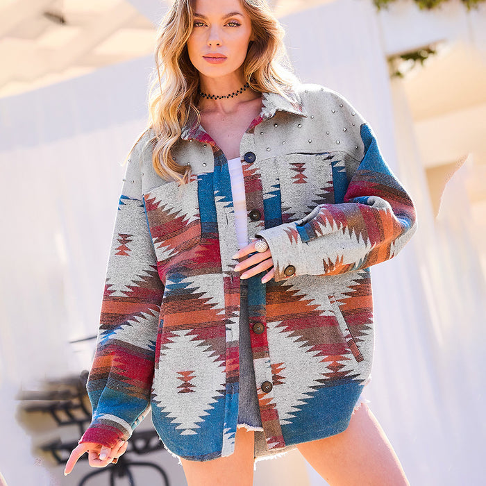 Popular Aztec Woolen Coat Autumn Winter Beaded Woolen Patchwork Jacket