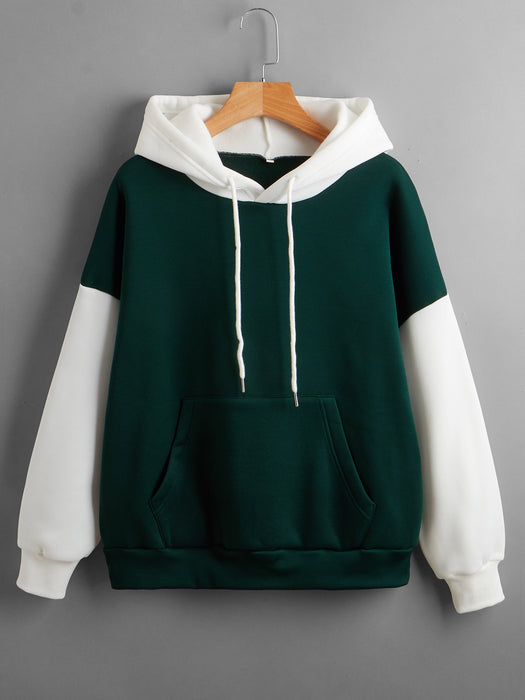 Fleece Lined Thickened Hooded Color Matching Hoodie Women Fashionable Autumn Winter Korean Contrast Color Delivery