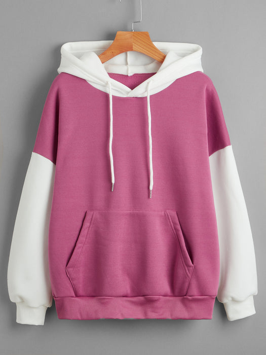 Fleece Lined Thickened Hooded Color Matching Hoodie Women Fashionable Autumn Winter Korean Contrast Color Delivery