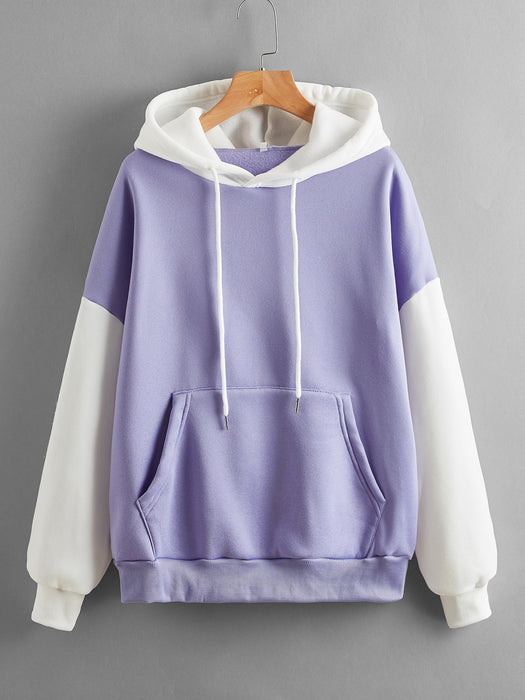 Fleece Lined Thickened Hooded Color Matching Hoodie Women Fashionable Autumn Winter Korean Contrast Color Delivery