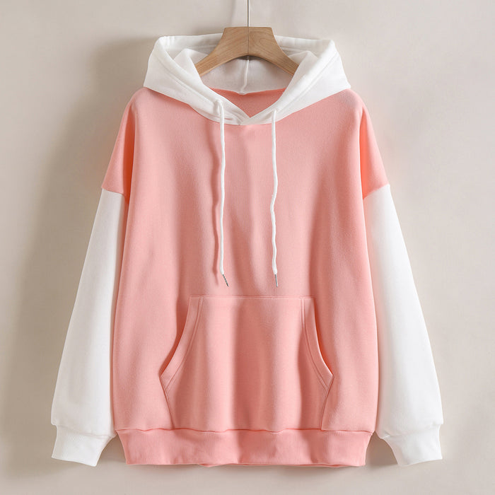 Fleece Lined Thickened Hooded Color Matching Hoodie Women Fashionable Autumn Winter Korean Contrast Color Delivery