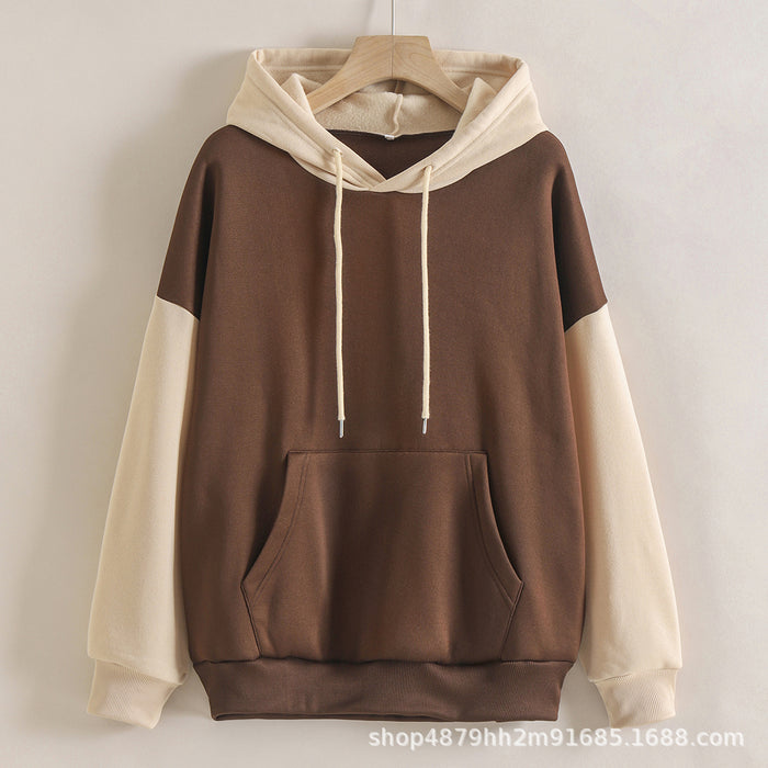 Fleece Lined Thickened Hooded Color Matching Hoodie Women Fashionable Autumn Winter Korean Contrast Color Delivery