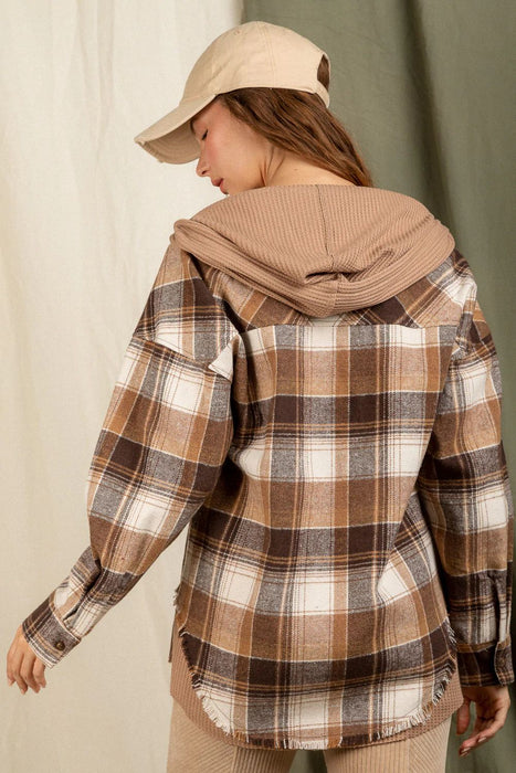 Winter Waffle Hooded Spliced Plaid Blouse Coat for Women