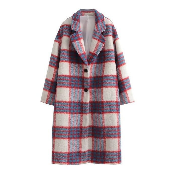 Women Clothing  Brushed Thickened Pattern Coat Loose Trench Coat Woolen Plaid Casual