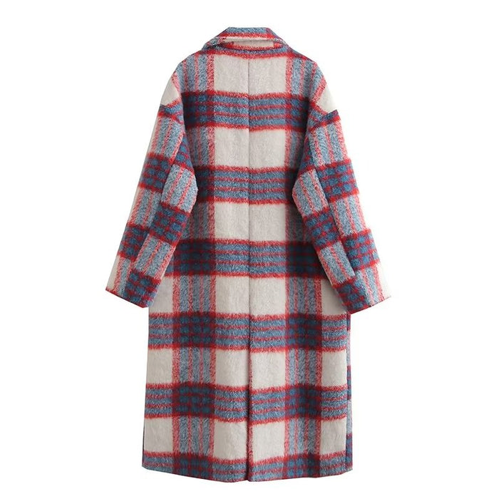 Women Clothing  Brushed Thickened Pattern Coat Loose Trench Coat Woolen Plaid Casual