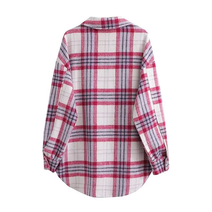 Chic Pink Plaid Coat Korean Women Clothing Autumn Casual Loose Wool