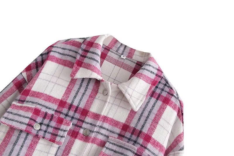 Chic Pink Plaid Coat Korean Women Clothing Autumn Casual Loose Wool