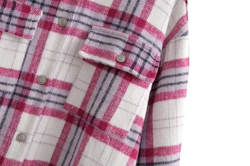 Chic Pink Plaid Coat Korean Women Clothing Autumn Casual Loose Wool