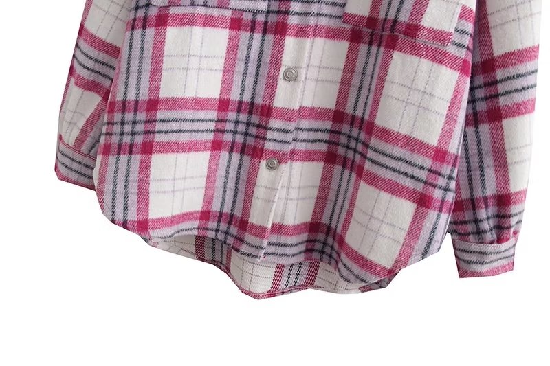 Chic Pink Plaid Coat Korean Women Clothing Autumn Casual Loose Wool