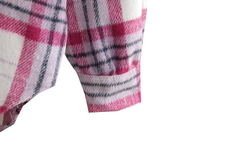 Chic Pink Plaid Coat Korean Women Clothing Autumn Casual Loose Wool