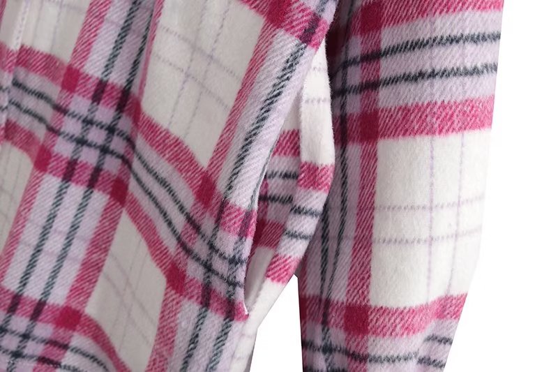 Chic Pink Plaid Coat Korean Women Clothing Autumn Casual Loose Wool