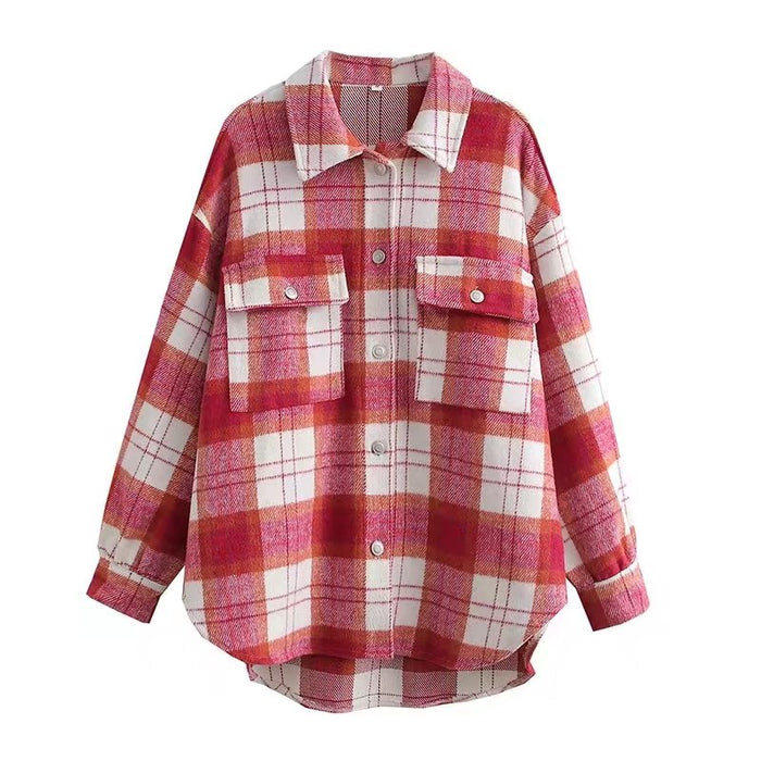 Chic Pink Plaid Coat Korean Women Clothing Autumn Casual Loose Wool