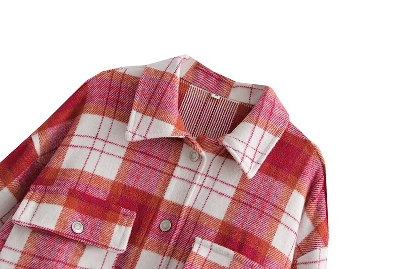 Chic Pink Plaid Coat Korean Women Clothing Autumn Casual Loose Wool