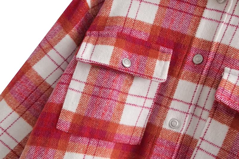 Chic Pink Plaid Coat Korean Women Clothing Autumn Casual Loose Wool