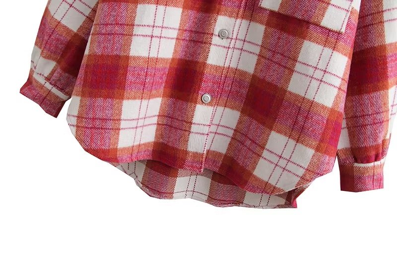 Chic Pink Plaid Coat Korean Women Clothing Autumn Casual Loose Wool