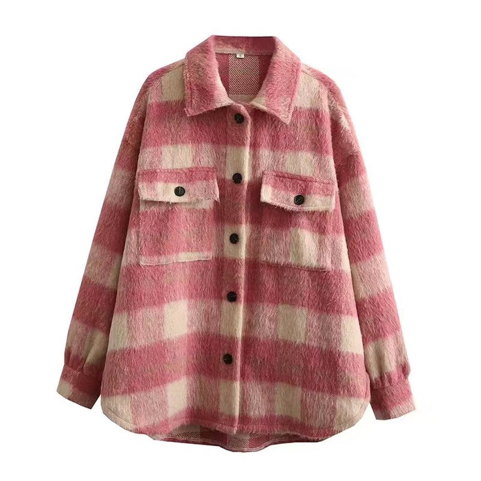 Autumn Women Clothing Brushed Thick Wool Plaid Shacket