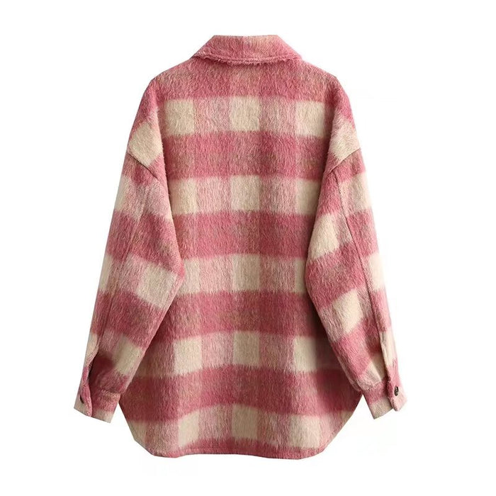 Autumn Women Clothing Brushed Thick Wool Plaid Shacket