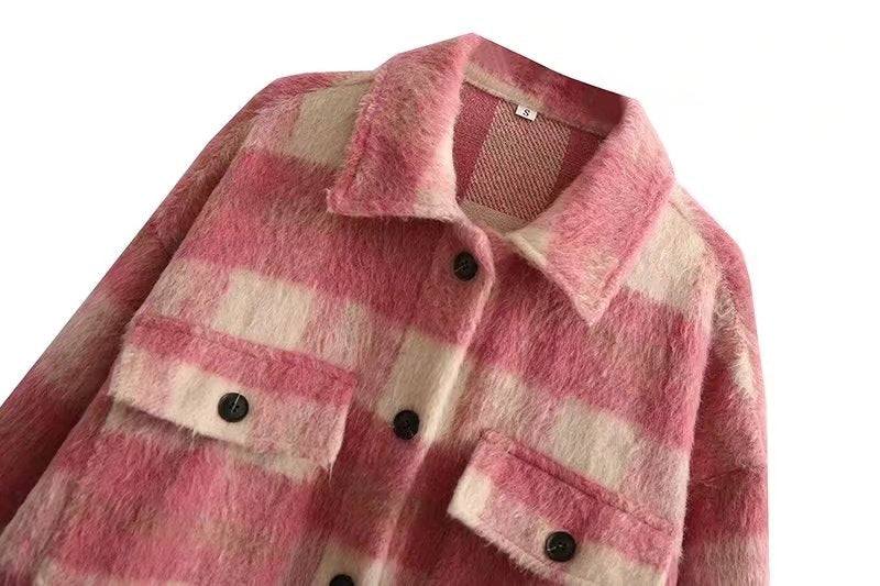 Autumn Women Clothing Brushed Thick Wool Plaid Shacket