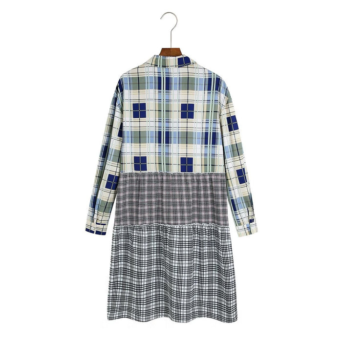 Autumn Women Clothing Long Sleeve Collared Printed Checks Dress