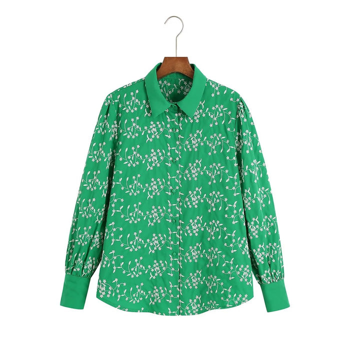 Fall Women  Clothing Casual Green Embroidery Shirt Long Sleeve Embroidered Shirt