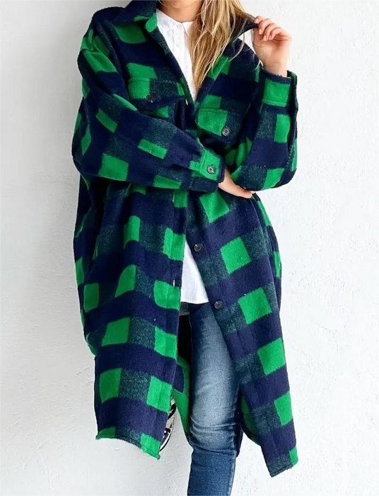 Printed Plaid Mid Length Pocket Hooded Long Sleeve  Women  Clothing