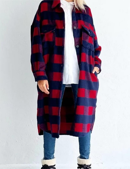 Printed Plaid Mid Length Pocket Hooded Long Sleeve  Women  Clothing