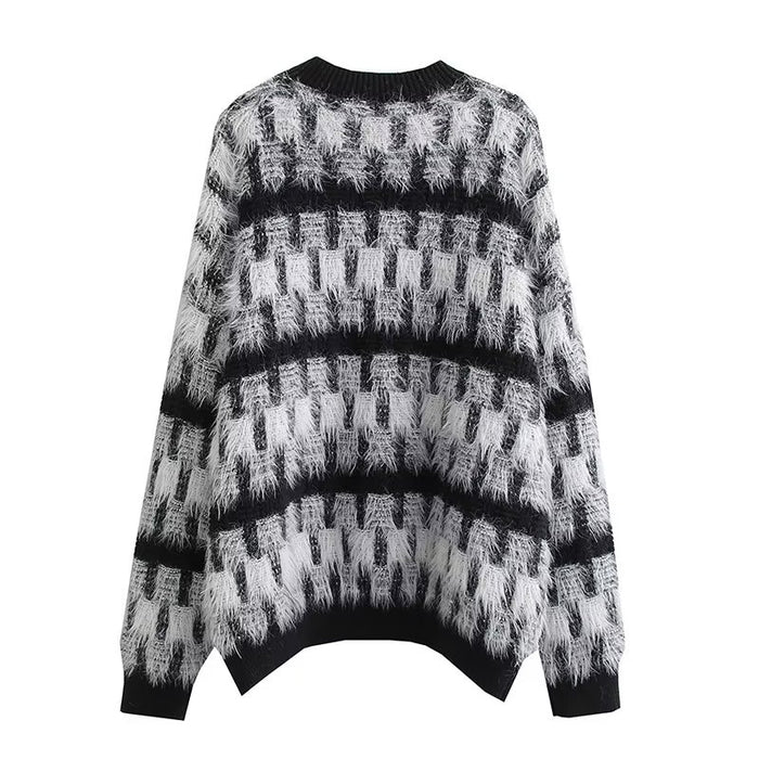 Black White Color Contrast Check Sweater Pullover Women Loose Outer Wear Long Sleeve Korean Retro Design Top