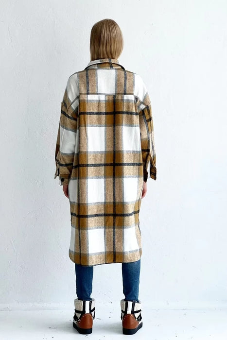 Women Casual Plaid Loose Long Sleeves Long Woolen Coat Overcoat