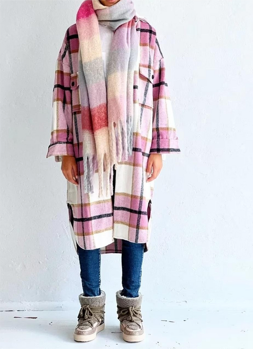 Women Casual Plaid Loose Long Sleeves Long Woolen Coat Overcoat