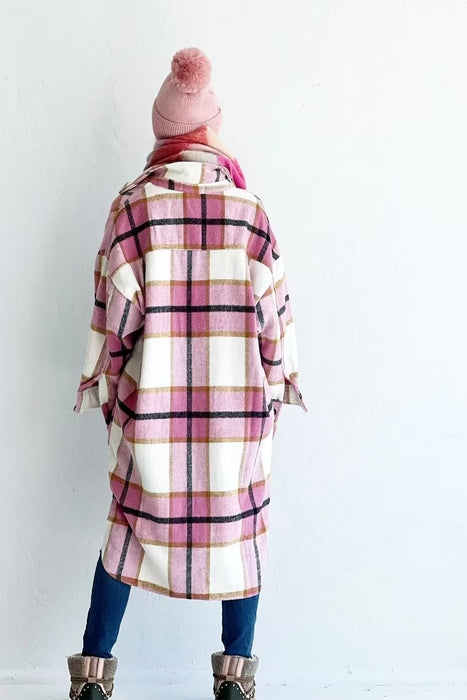 Women Casual Plaid Loose Long Sleeves Long Woolen Coat Overcoat