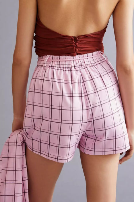 Autumn Winter Women Clothing Elastic Waist Plaid Straight Leg Pants Shorts