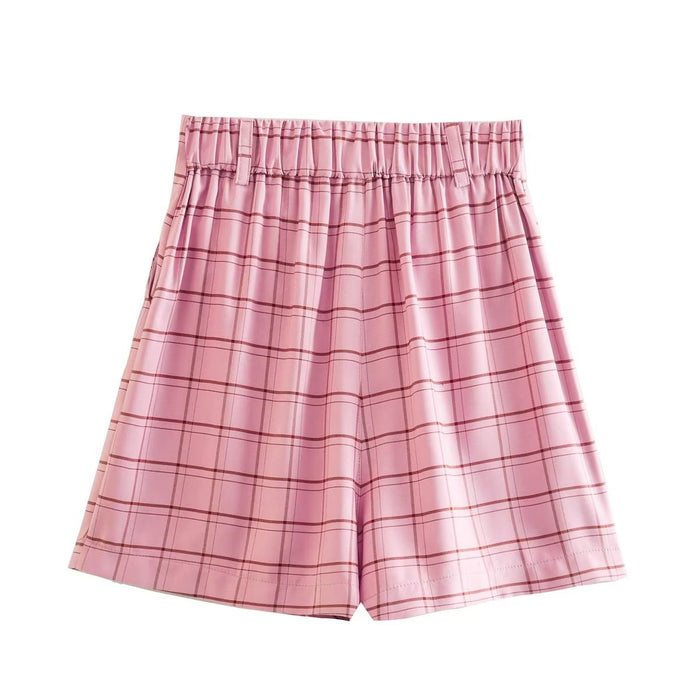 Autumn Winter Women Clothing Elastic Waist Plaid Straight Leg Pants Shorts