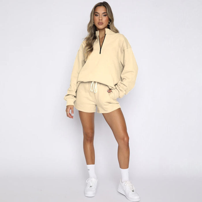 Autumn Winter Solid Color Stand Collar Zipper Pullover Long Sleeve Sweater Women Shorts Set