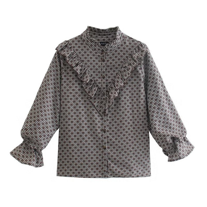 Autumn Ruffled Printed Shirt round Neck Retro Casual Comfortable Top