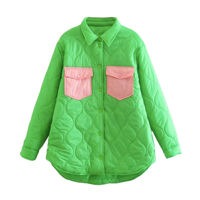 Autumn Women Loose Contrast Color Quilted Shirt Cotton Coat Jacket