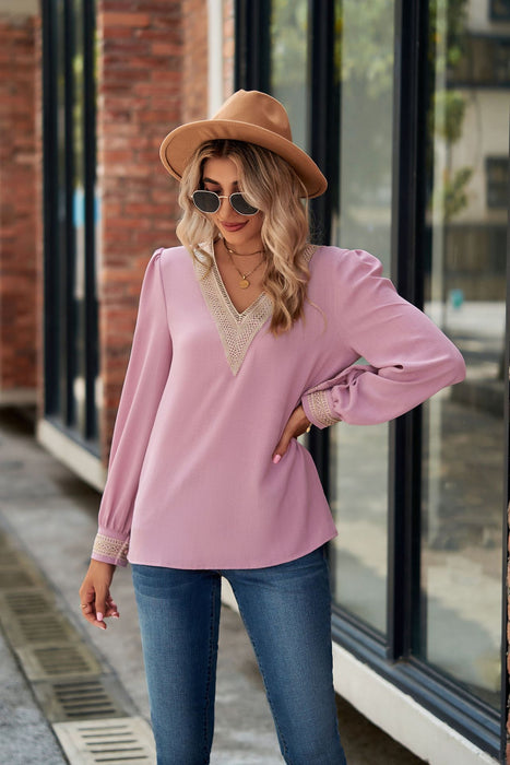 Solid Color V neck Long Sleeve Loose Ruffled Stitching Contrast Color Chiffon Blouses Women