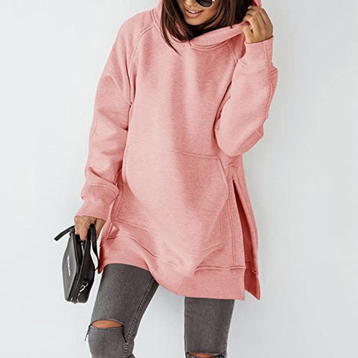 Women Clothing Long Sleeve Round Neck Fleece Lined Solid Color Pocket Loose Fitting Hoodie Long Sleeve