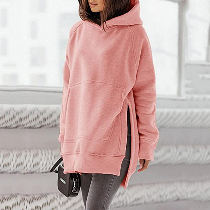 Women Clothing Long Sleeve Round Neck Fleece Lined Solid Color Pocket Loose Fitting Hoodie Long Sleeve