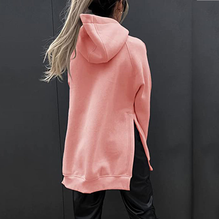 Women Clothing Long Sleeve Round Neck Fleece Lined Solid Color Pocket Loose Fitting Hoodie Long Sleeve