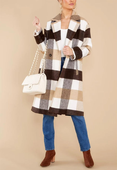 Autumn Winter Plaid Contrast Color Long-Sleeved Top Elegant Women Clothing Double Breasted Loose Long Woolen Coat