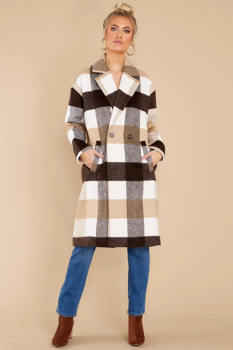 Autumn Winter Plaid Contrast Color Long-Sleeved Top Elegant Women Clothing Double Breasted Loose Long Woolen Coat