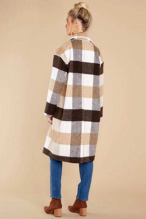 Autumn Winter Plaid Contrast Color Long-Sleeved Top Elegant Women Clothing Double Breasted Loose Long Woolen Coat