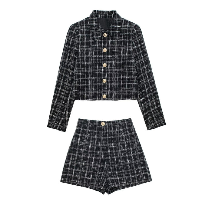 Fall Women Clothing Plaid Texture Short Blazer Shorts