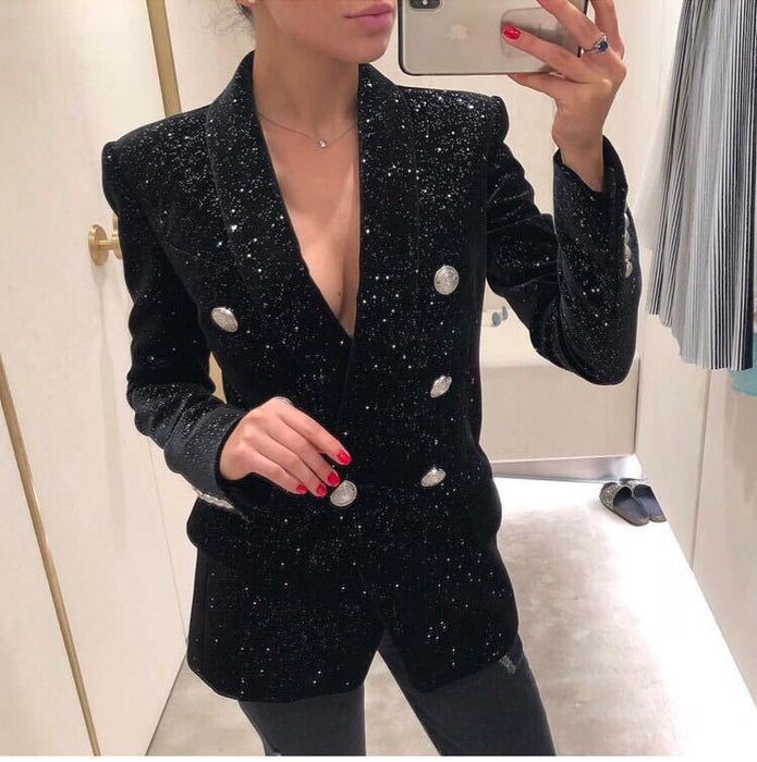 Spring Autumn Blazer  Starry Sequined Silver Buckle Waist Tight Velvet Small Blazer for Women